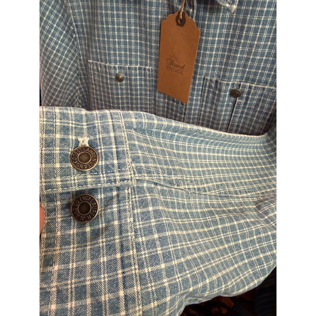 Vintage Ralph Lauren Plaid Denim Utility Jacket Size Medium PTP 20"