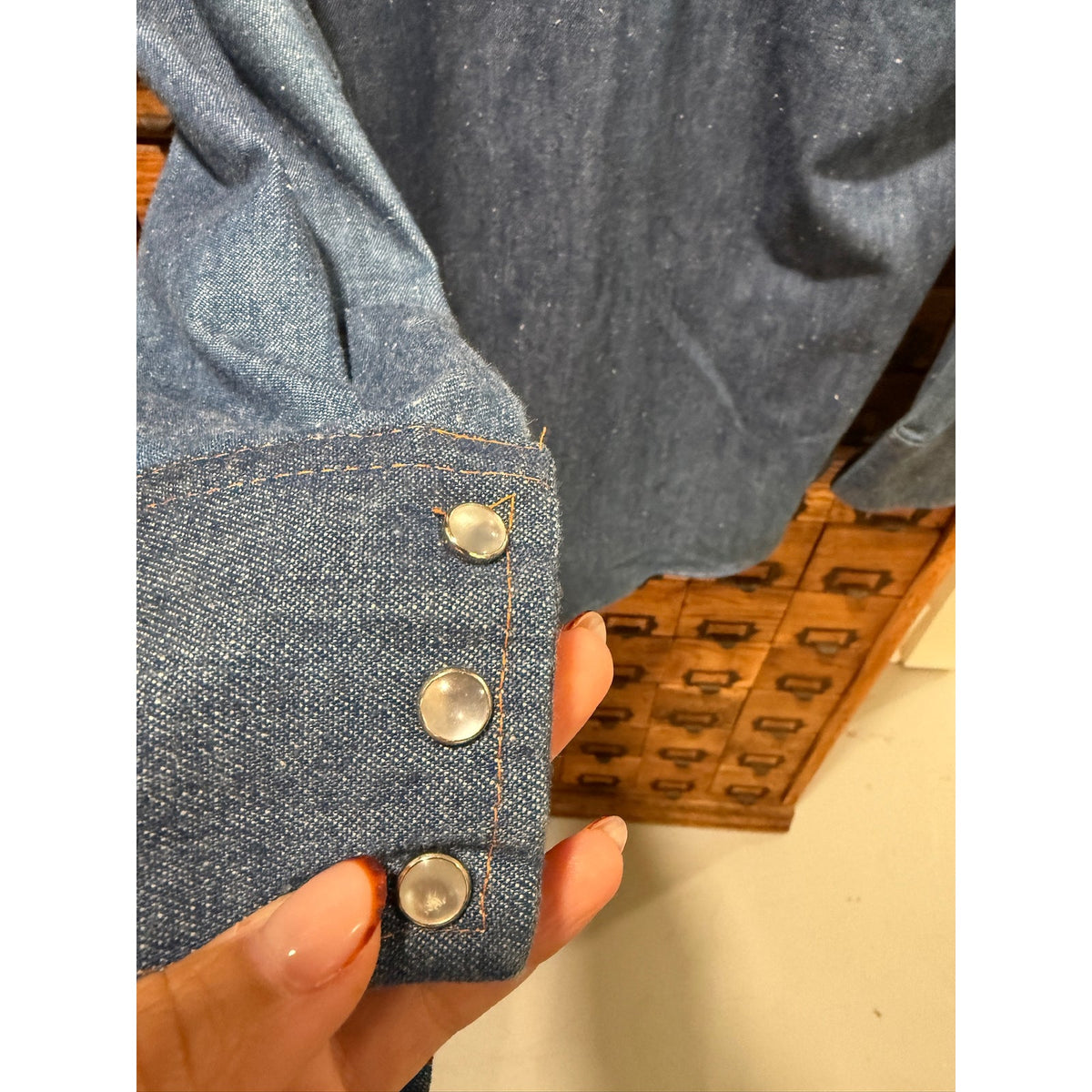 Vintage 70's Walker's Denim Pearl Snap Western Shirt Medium Tall - PTP 21"