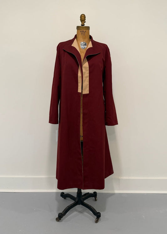 Vintage Etienne Aigner Reversible Burgundy/Tan Duster Coat Fits Like a L PTP Approx 23"
