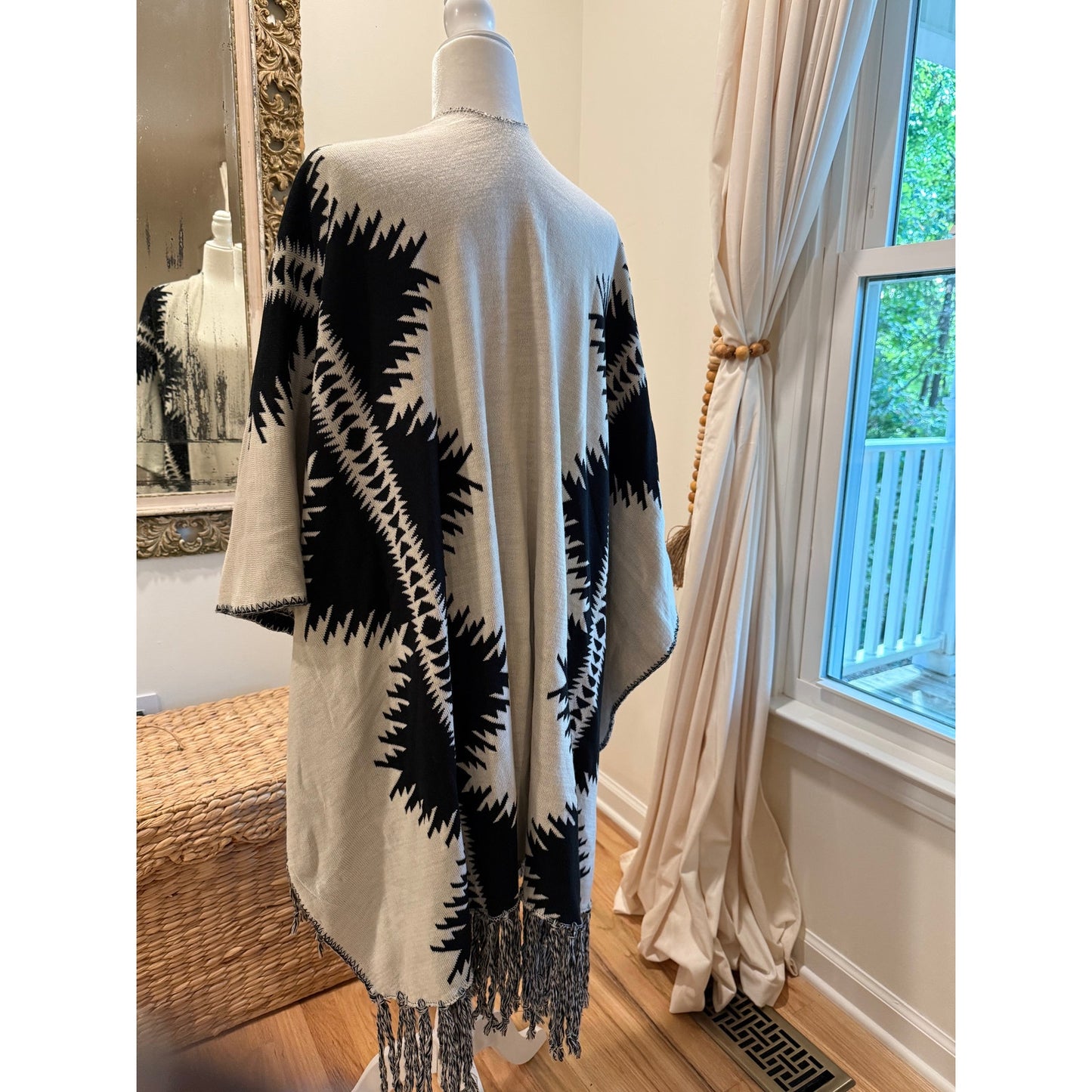 Pendleton Black and White Poncho with Fringe - One Size