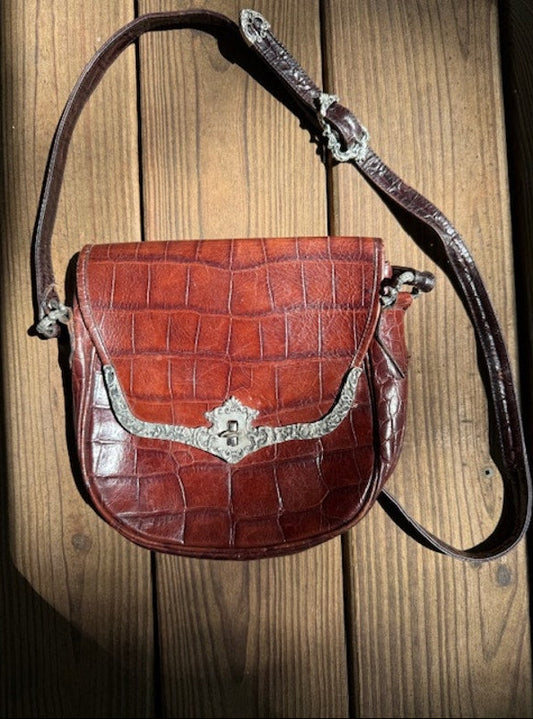 Ann Turk Glen Miller Brown Embossed Croc Leather Western Crossbody Purse