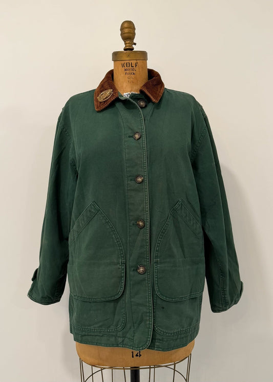 Vintage Lands End Barn Jacket Corduroy Brown Collar With Horse Brooch - Size Women's Medium - Green
