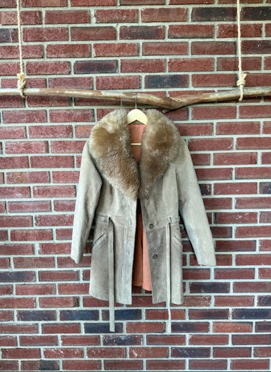 Vintage Penny Lane Tan Suede Jacket with Fur Collar Size XS-S