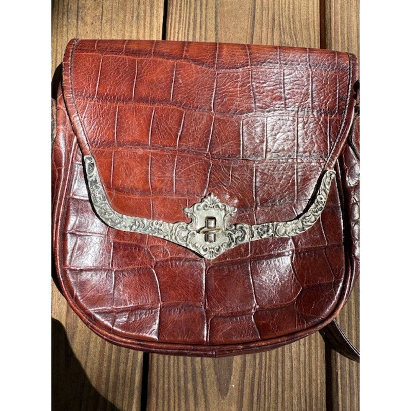 Ann Turk Glen Miller Brown Embossed Croc Leather Western Crossbody Purse