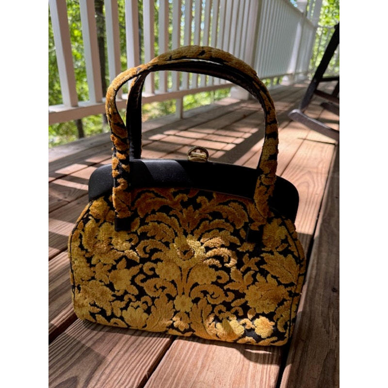 Vintage 1960's Gold Floral Tapestry Cut Chenille Handbag