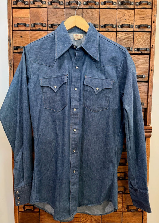 Vintage 70's Walker's Denim Pearl Snap Western Shirt Medium Tall - PTP 21"