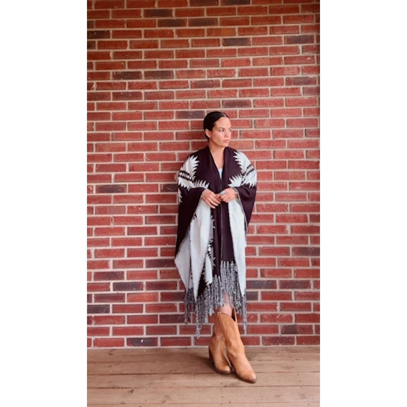 Pendleton Black and White Poncho with Fringe - One Size