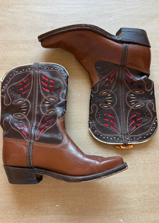 Vintage Diamond C Children's Red & Turquoise Inlay Western Boots Size 3.5