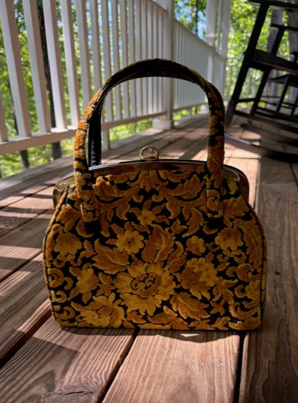 Vintage 1960's Gold Floral Tapestry Cut Chenille Handbag