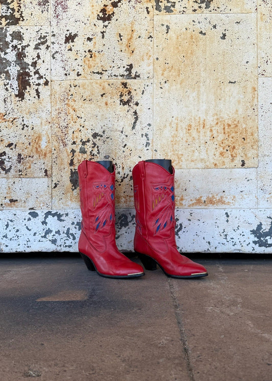 Vintage Red Dingo Thunderbird Western Boots - Blue & Yellow Detail Size 7 1/2