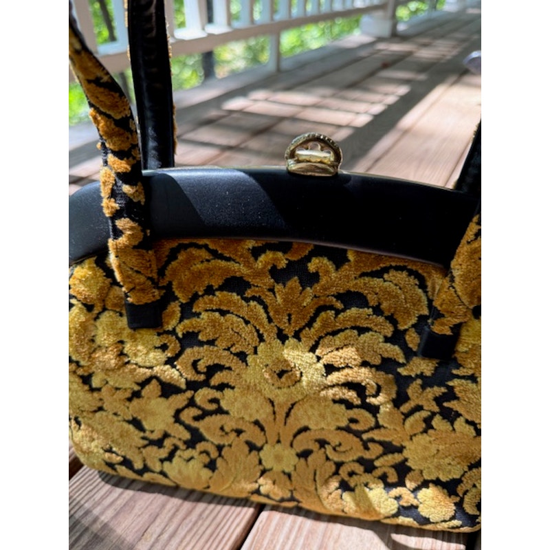 Vintage 1960's Gold Floral Tapestry Cut Chenille Handbag