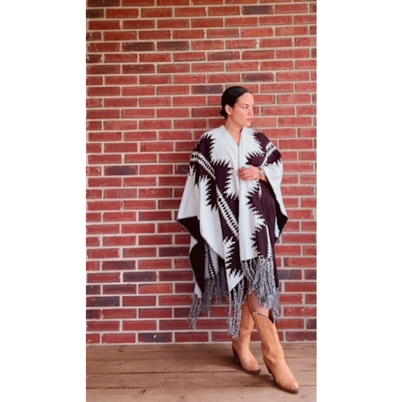 Pendleton Black and White Poncho with Fringe - One Size