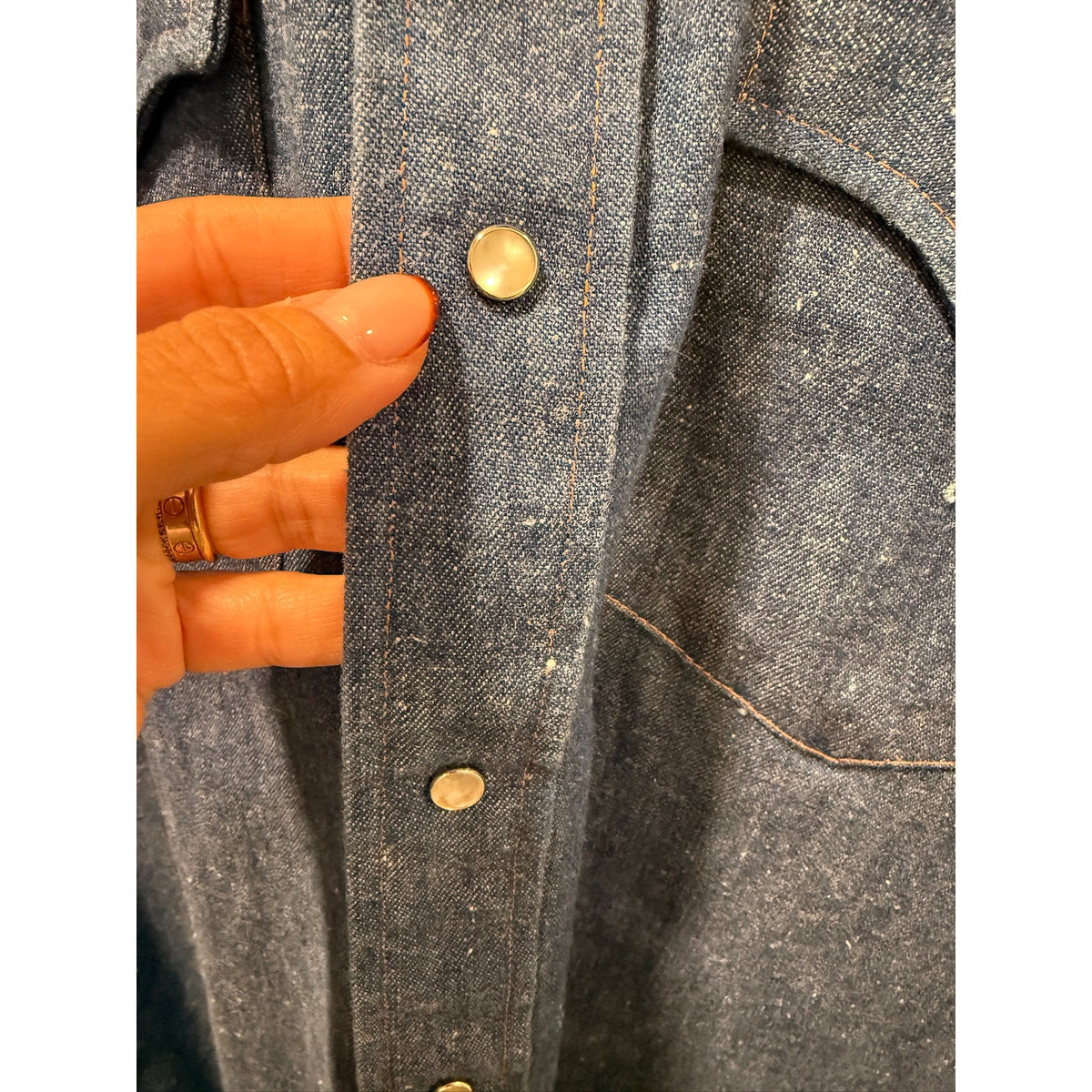 Vintage 70's Walker's Denim Pearl Snap Western Shirt Medium Tall - PTP 21"