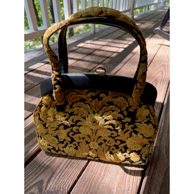 Vintage 1960's Gold Floral Tapestry Cut Chenille Handbag